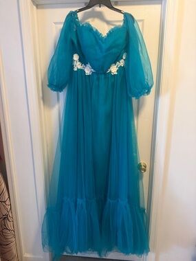 Teal Tulle Maxi Dress with Puff Sleeves